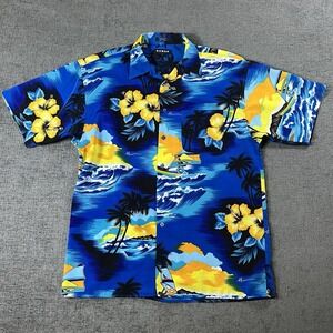 Koman Sport Mens Hawaiian Shirt Size Large Blue Short‎ Sleeve Floral Tropical